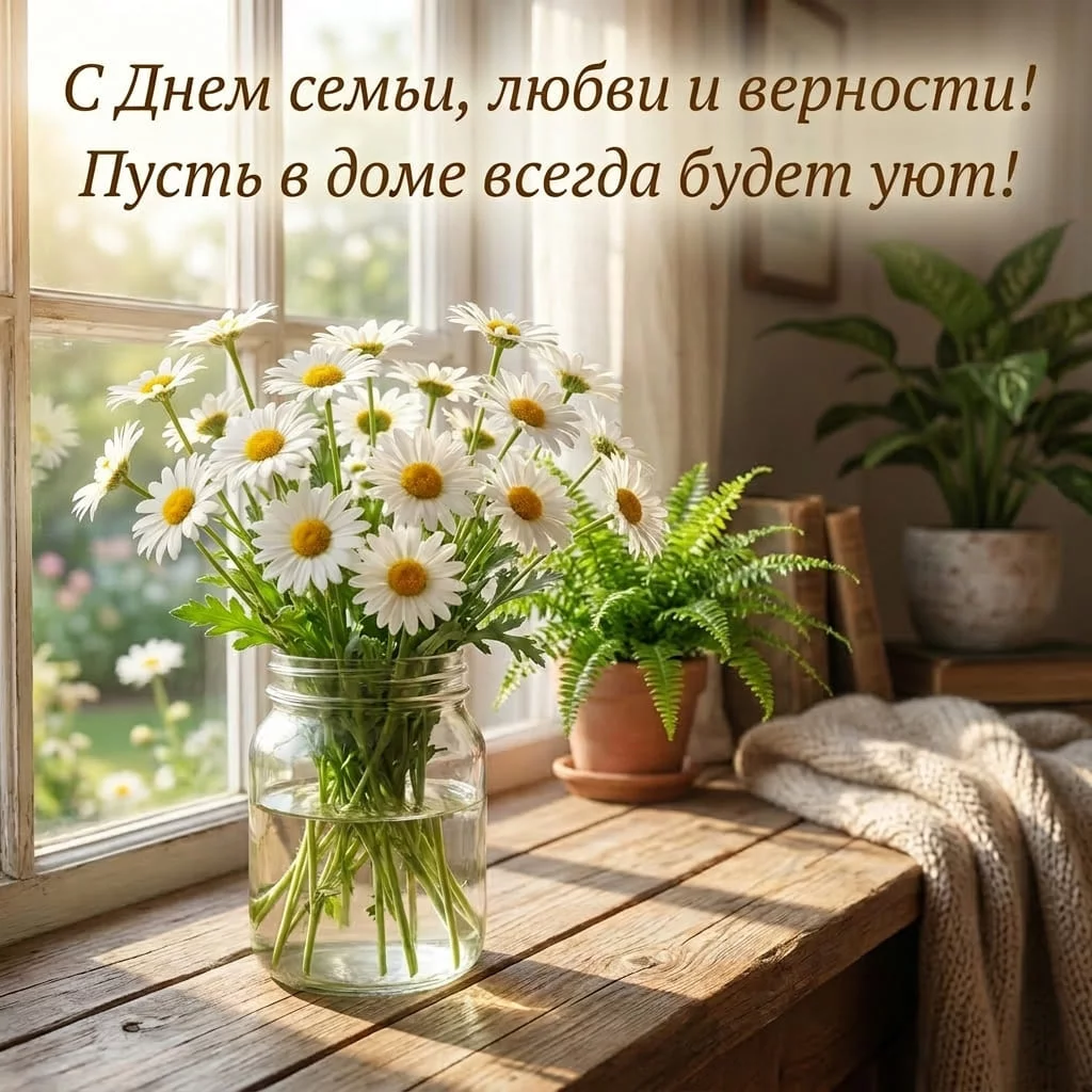 Уютная открытка с ромашками на подоконнике и надписью «С Днем семьи, любви и верности! Пусть в доме всегда будет уют!»