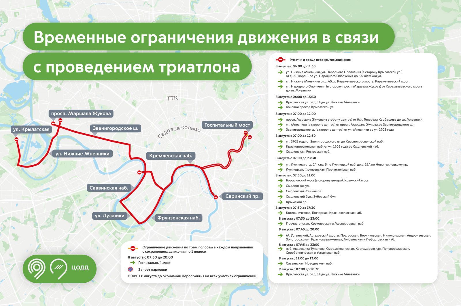 Карта перекрытий улиц 8 и 9 августа в связи с проведением соревнований по триатлону