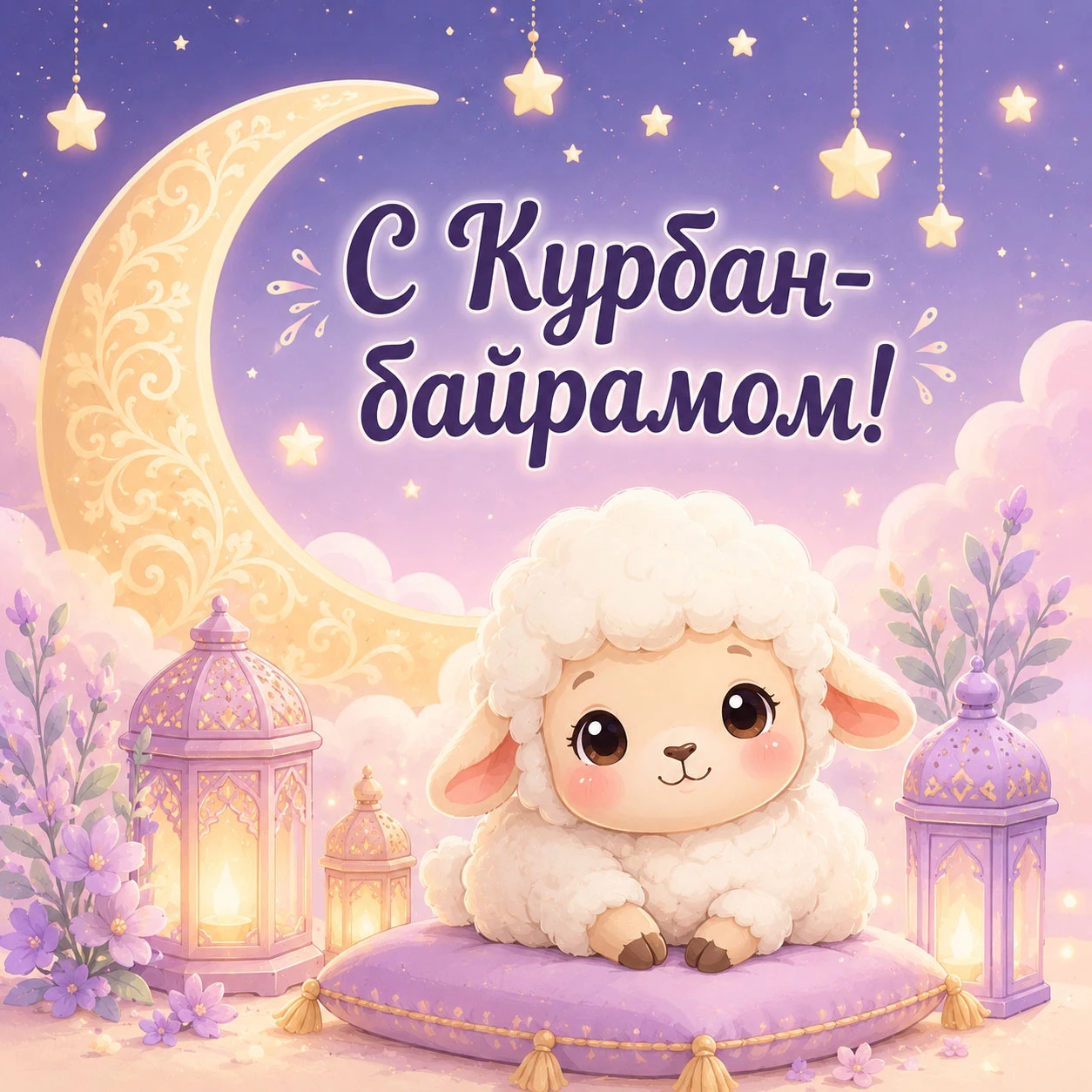 Детская открытка с Курбан-байрамом с милым барашком, луной и фонариками