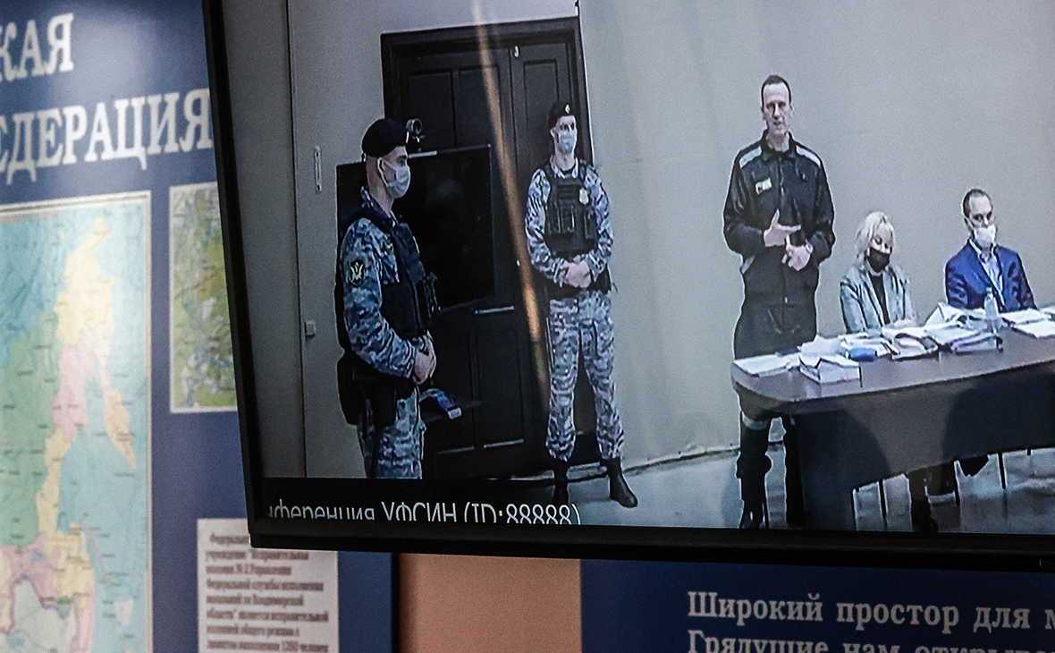 Алексей Навальный (на экране в центре) и адвокат Ольга Михайлова (на экране вторая справа)