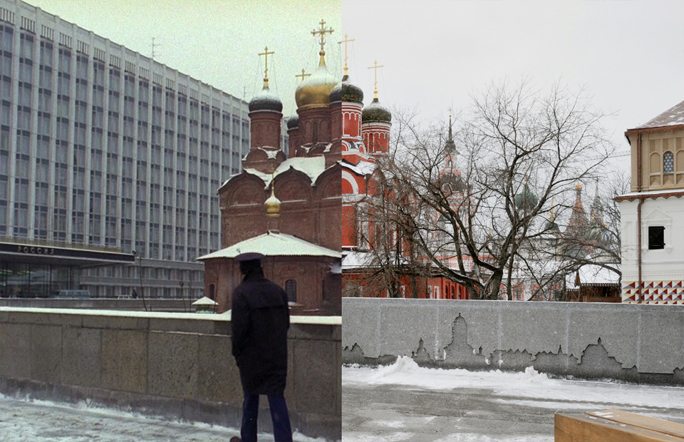 Зимняя советская Москва в кадре и сегодняшний город за ним