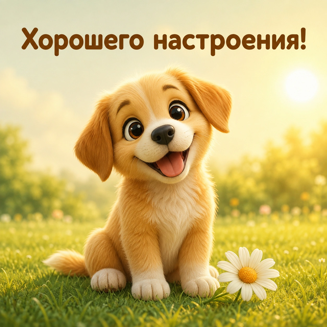 Милая открытка с щенком и пожеланием хорошего настроения