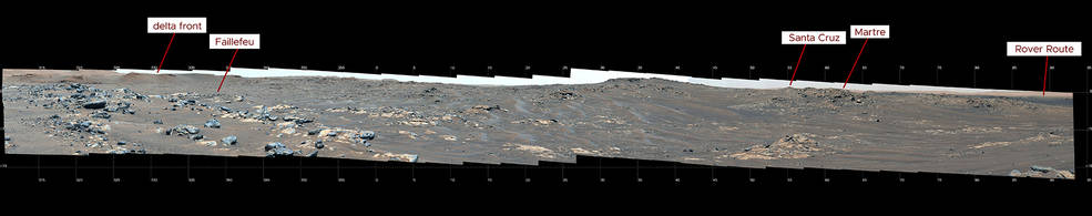 Коллаж из 84 фотографий поверхности Марса, где видны хребты и горы (отмечены на фото)