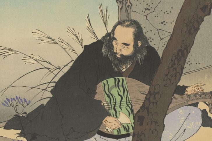 Цукиока Ёситоси (1839&ndash;1892). Четыре струны луны. Сэмимару. Из серии &laquo;Сто ликов луны&raquo;. 1891