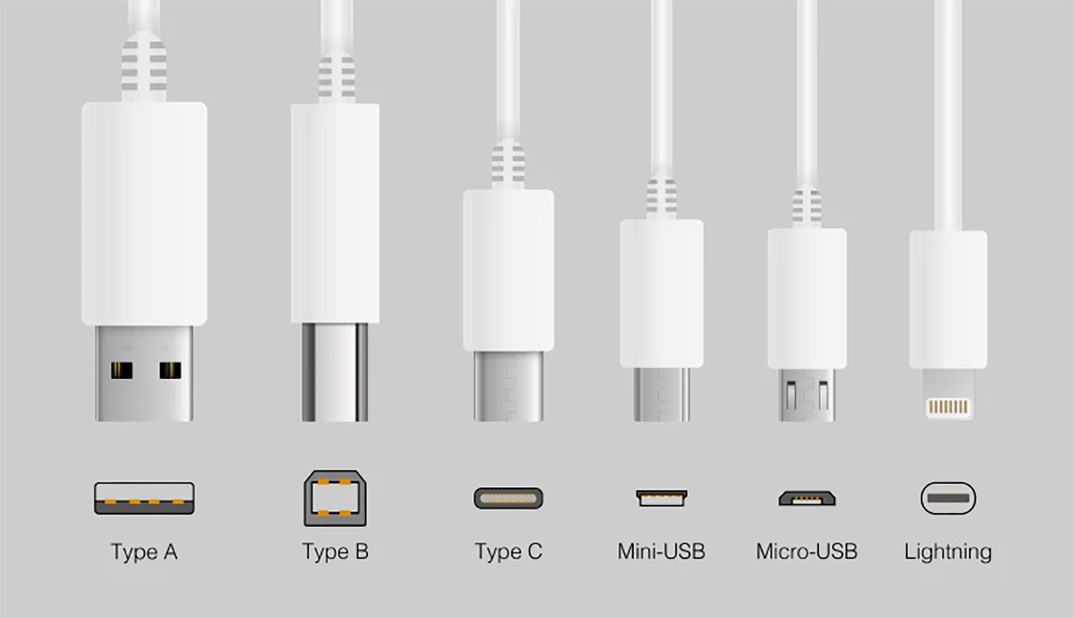Различные форм-факторы USB и коннектор Apple Lightning (справа)