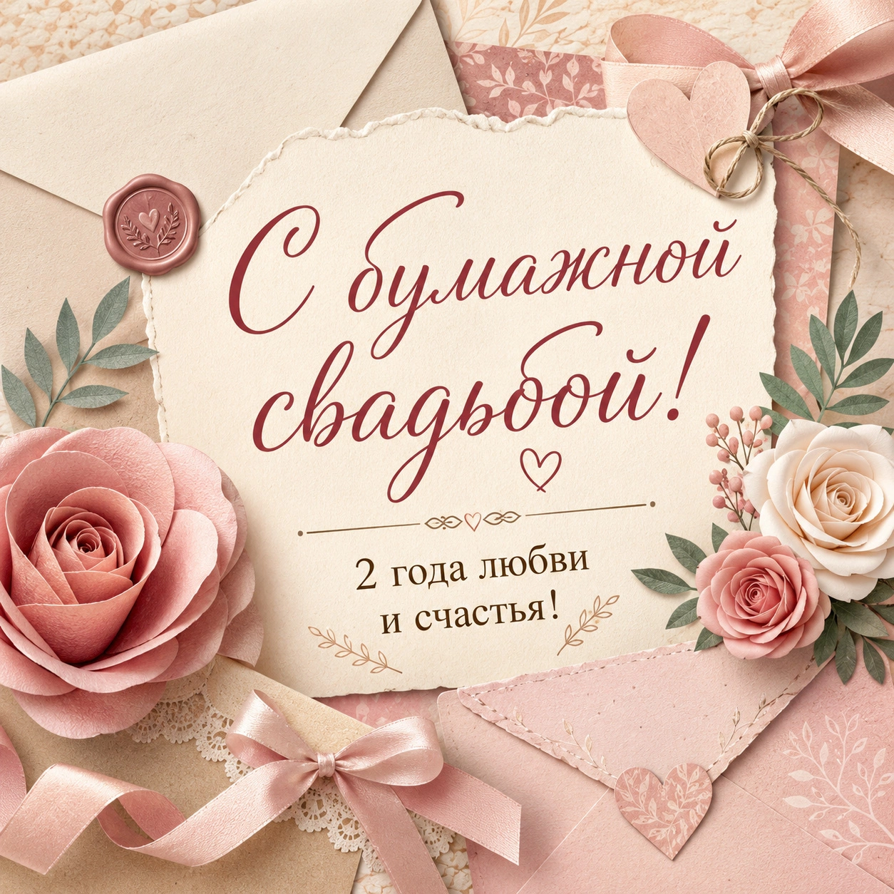 Открытка с бумажной свадьбой и надписью «С бумажной свадьбой! 2 года любви и счастья!»