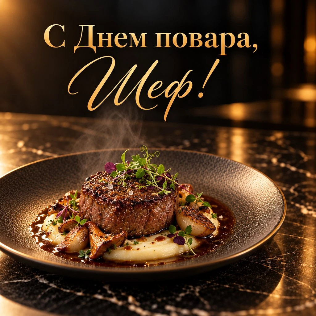 Открытка ко Дню повара со стейком и зеленью