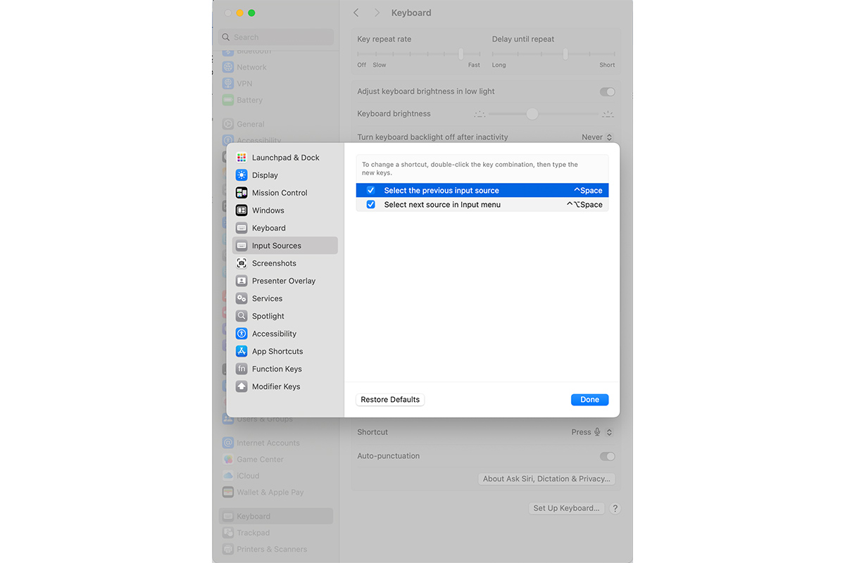 Двойной клик на сочетание клавиш позволит их изменить