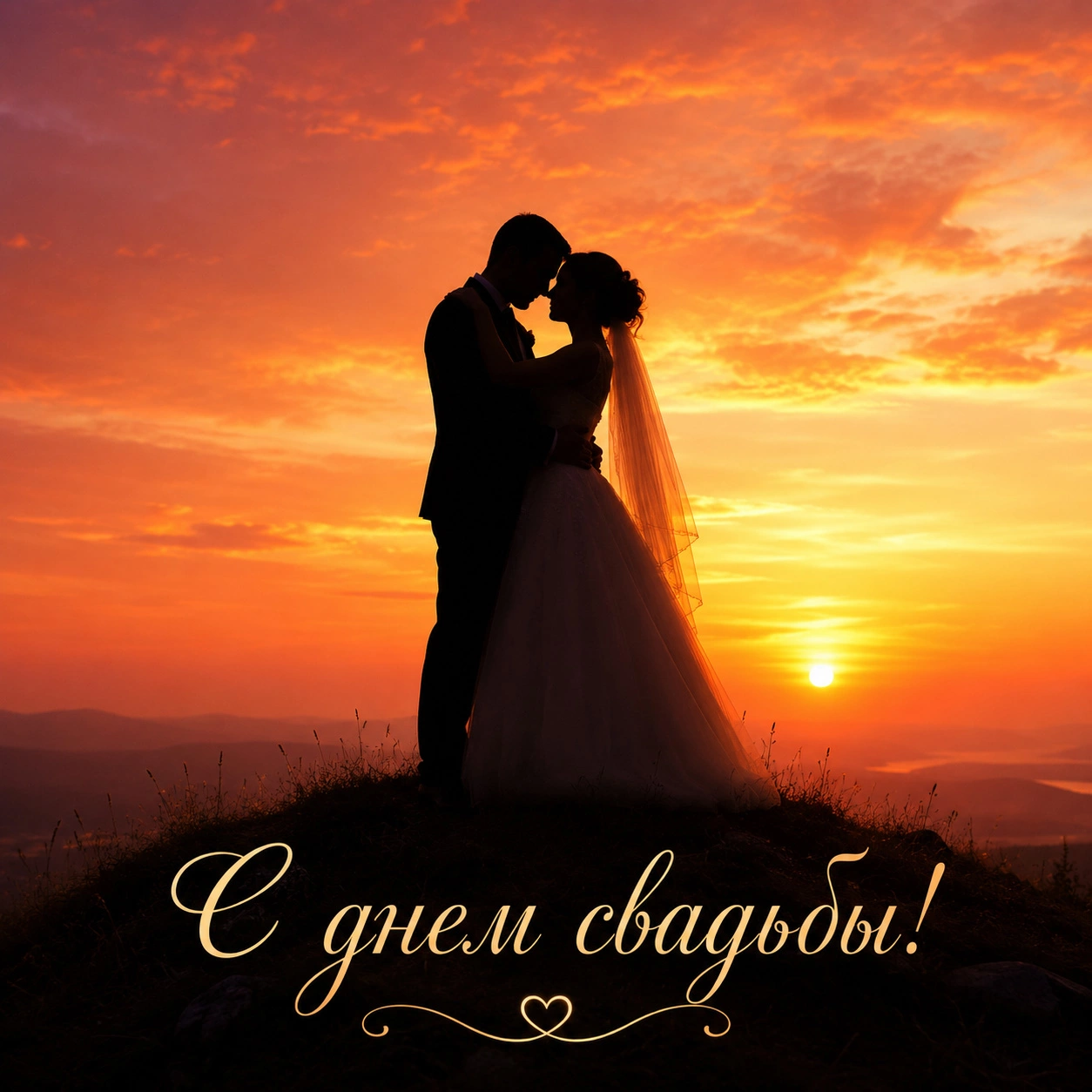 Романтичная открытка с силуэтами на фоне заката и поздравлением с днем свадьбы