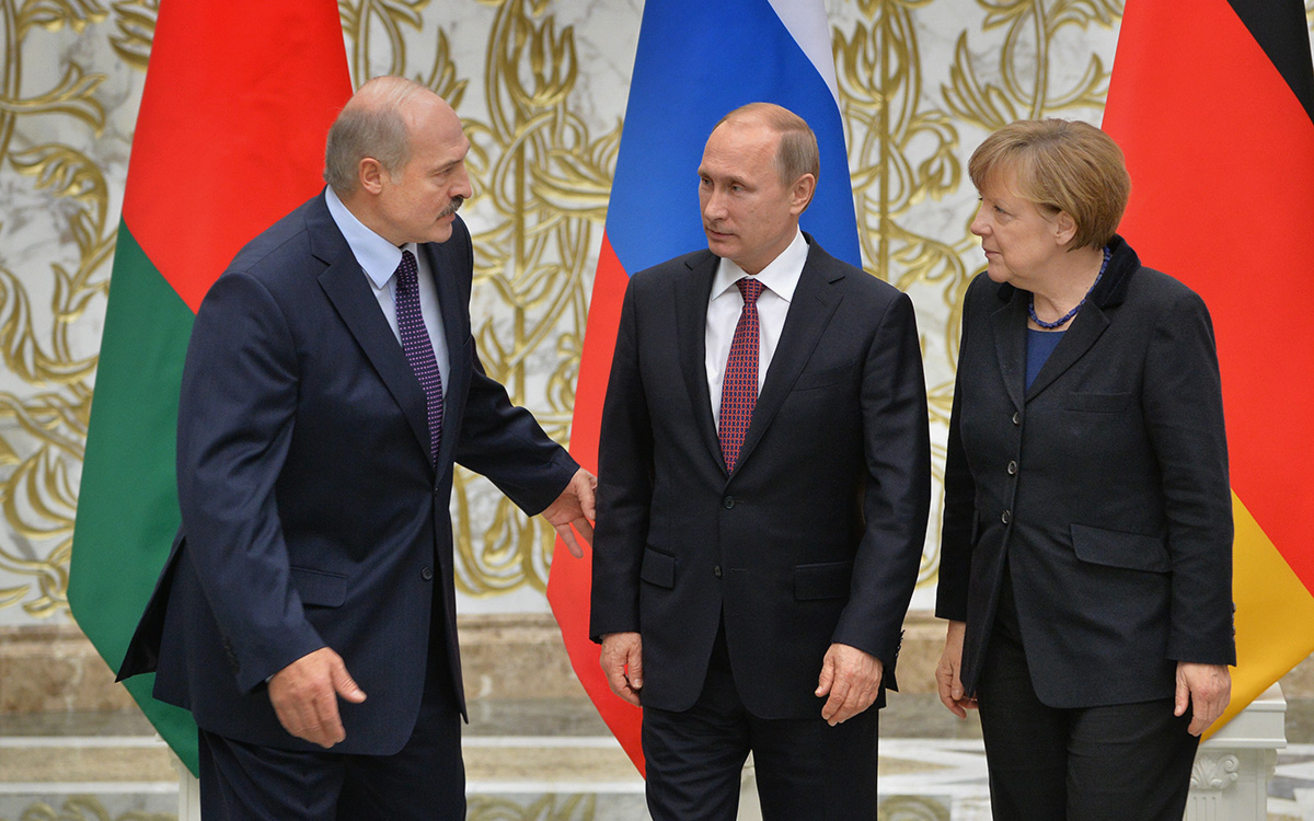 Alexander Lukashenko, Vladimir Putin and Angela Merkel