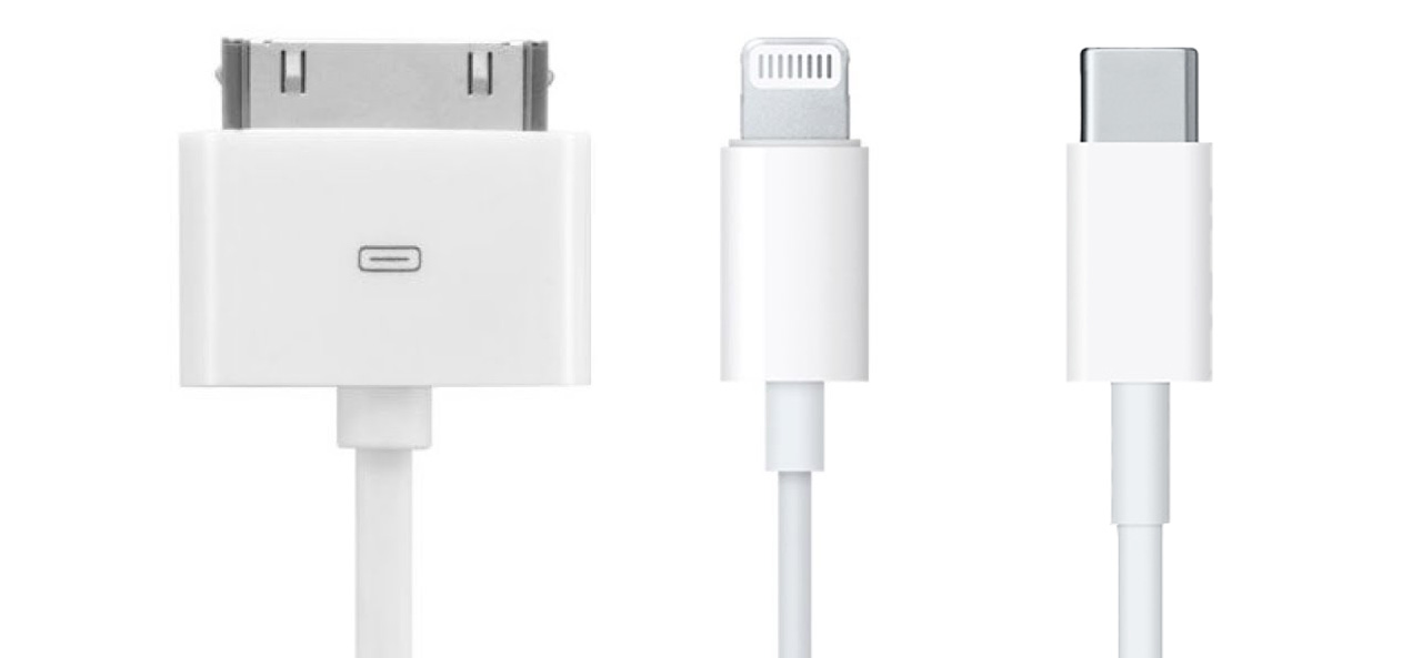 Коннекторы Apple iPhone. Слева направо: 30-контактный, Lightning, USB-C (2023)