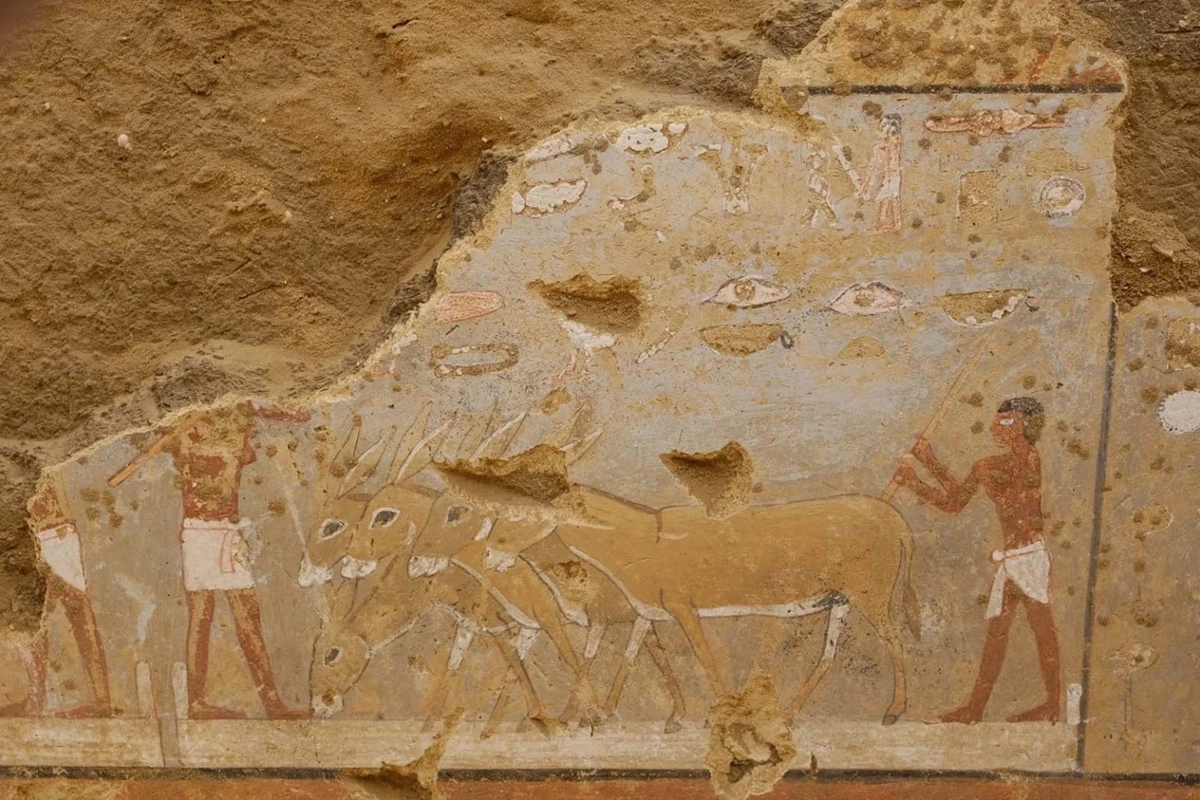 <p>Роспись на стенах мастабы времен Древнего царства</p>