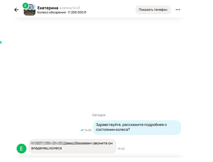 Скриншот переписки с владельцем колеса обозрения