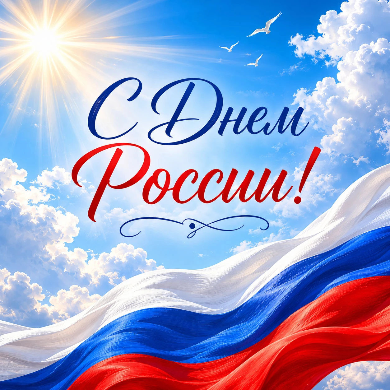 Триколор на фоне неба и надпись «С Днем России!»