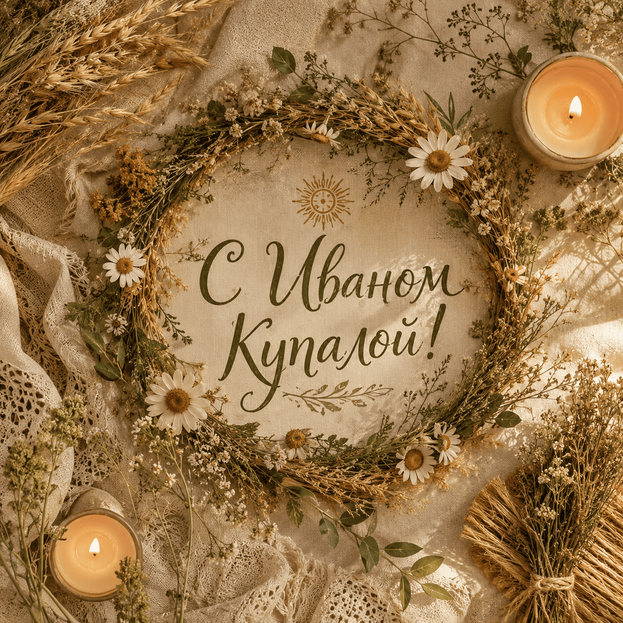 Открытка с венком из полевых цветов и надписью «С Иваном Купалой!»