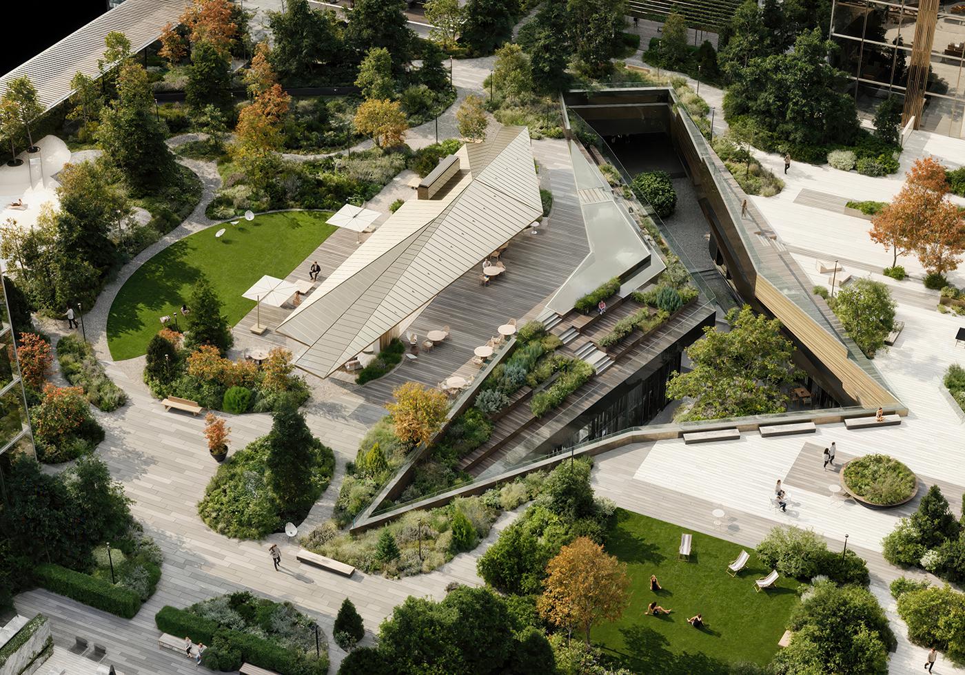 Общественное пространство и сад на крыше стилобата