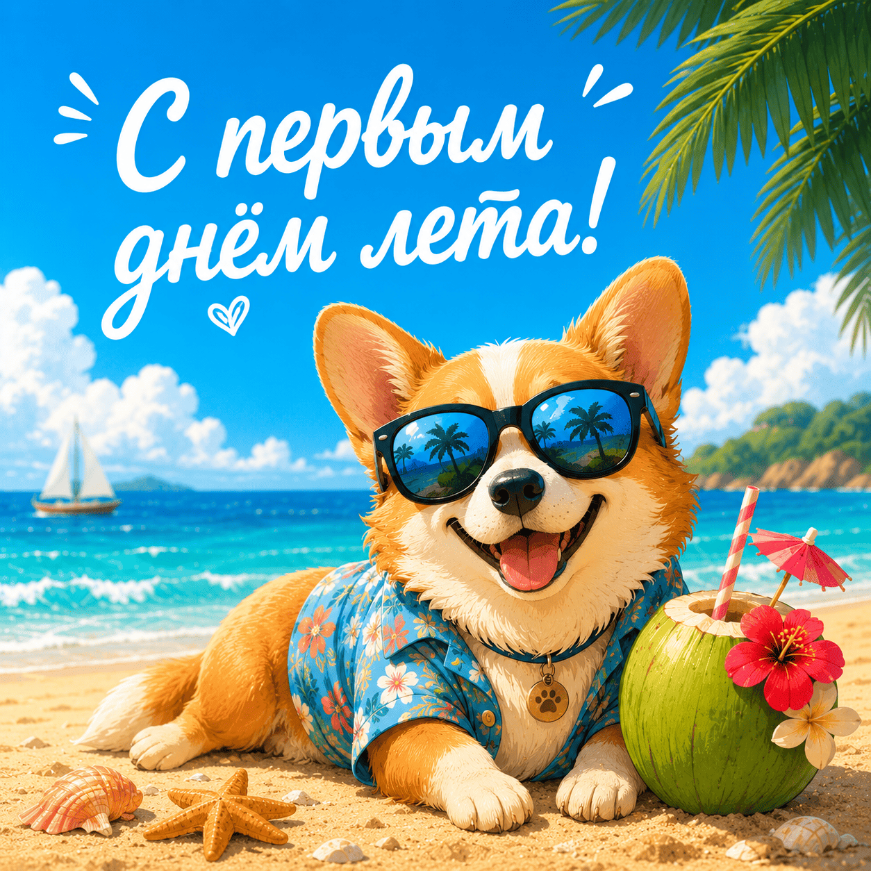 Открытка с собакой на пляже и надписью «С первым днем лета!»