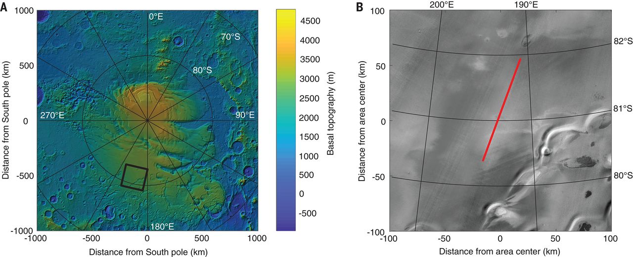 Южный полюс Марса (слева) и область ледника, где, предположительно, находится озеро (справа)
