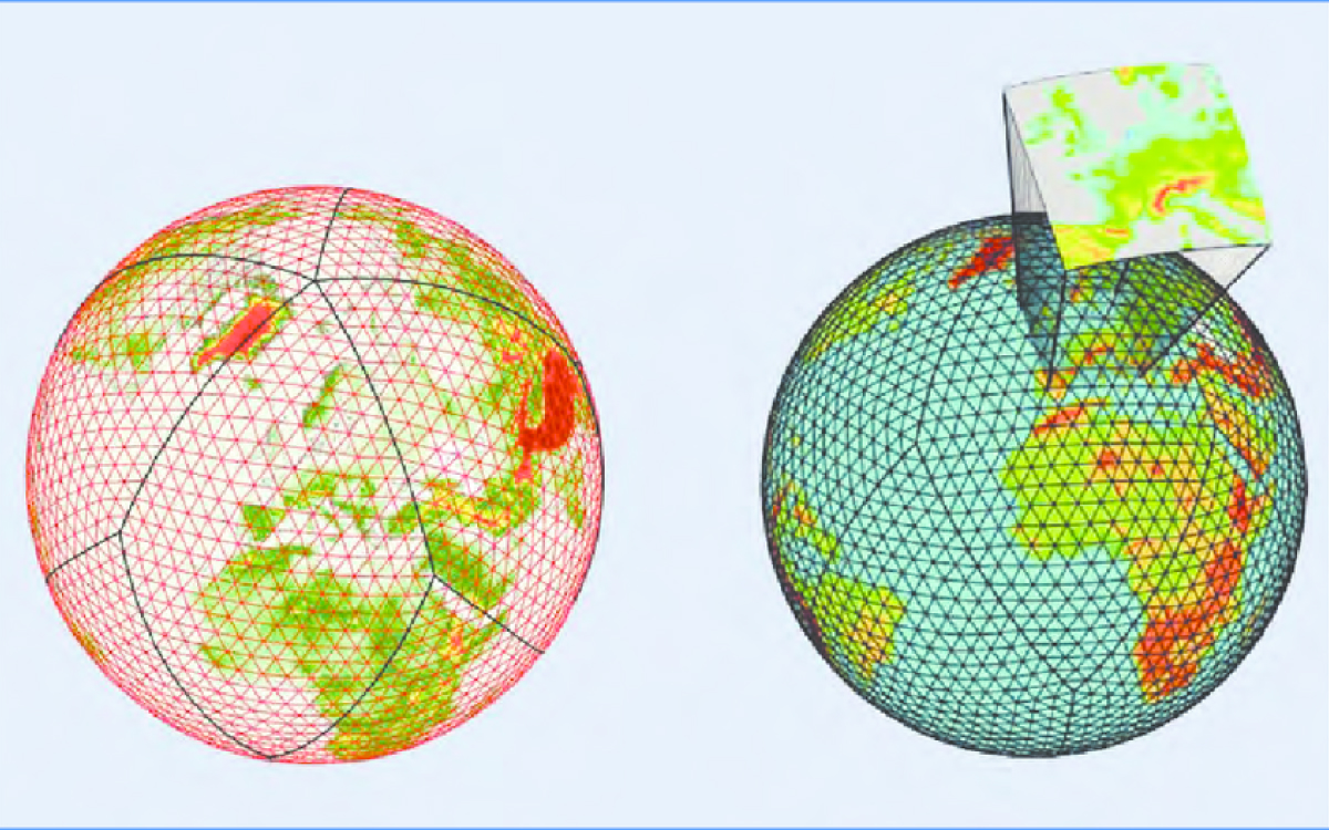 Горизонтальная сетка глобальной модели прогноза погоды и увеличенная площадь, охватываемая локальной моделью