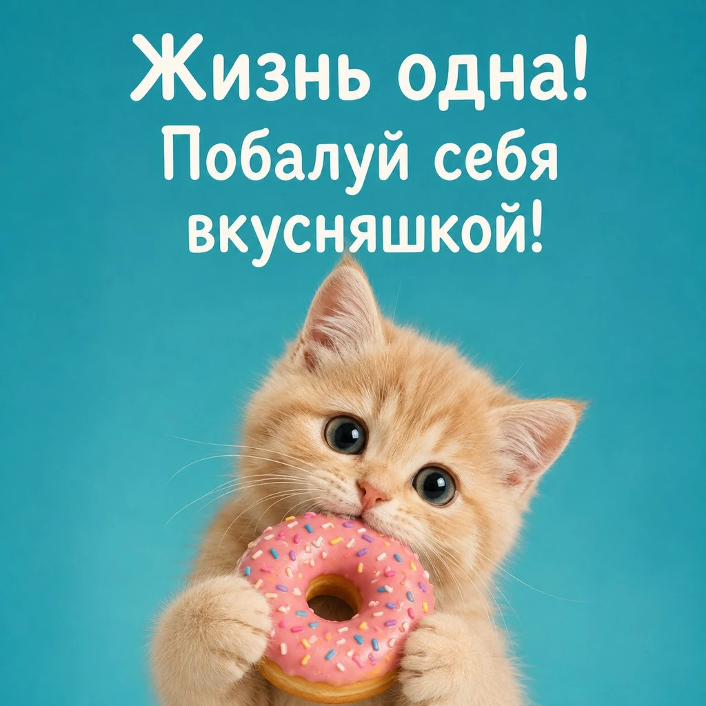 Прикольная открытка с надписью «Жизнь одна! Побалуй себя вкусняшкой!»