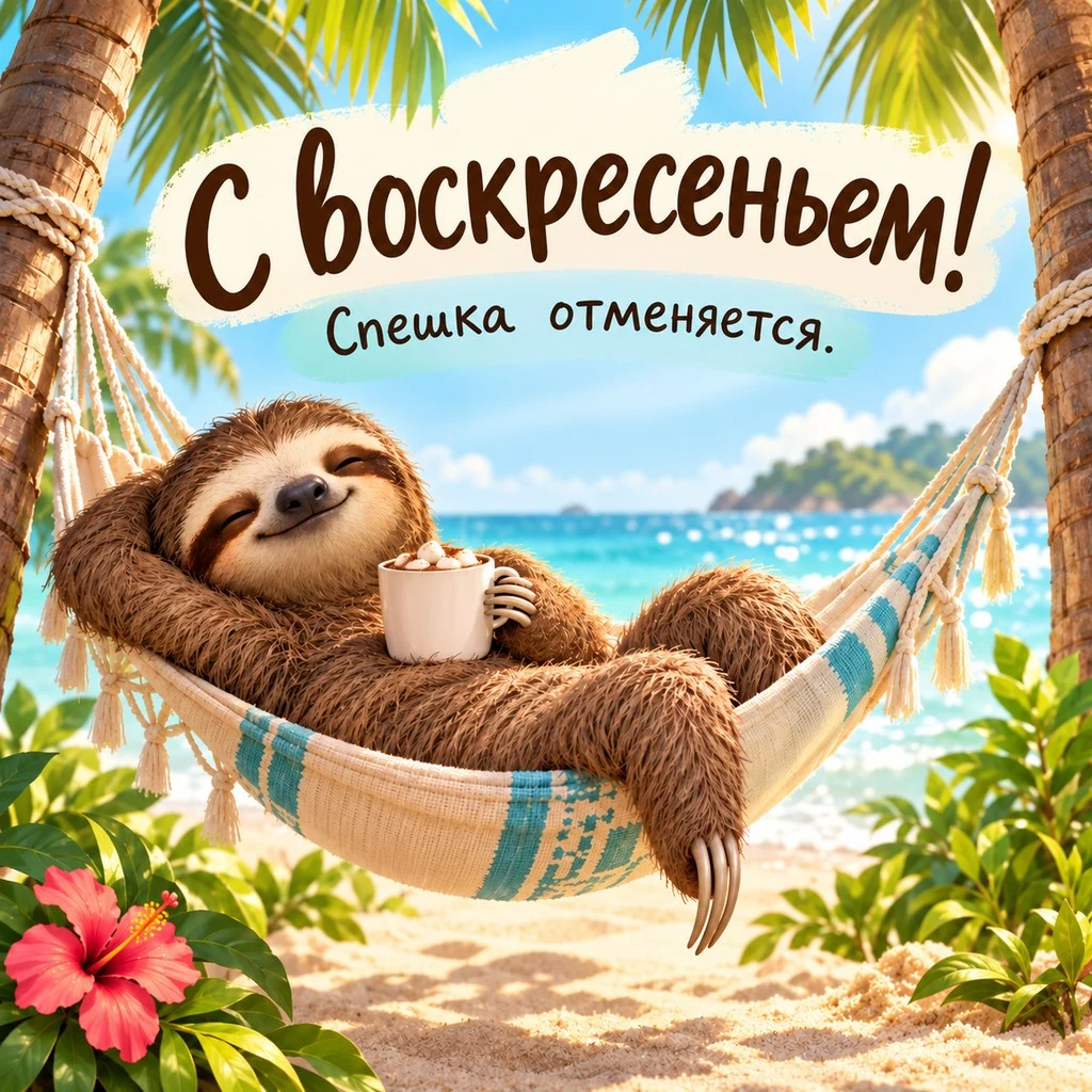 Прикольная открытка «С воскресеньем!» и ленивцем в гамаке