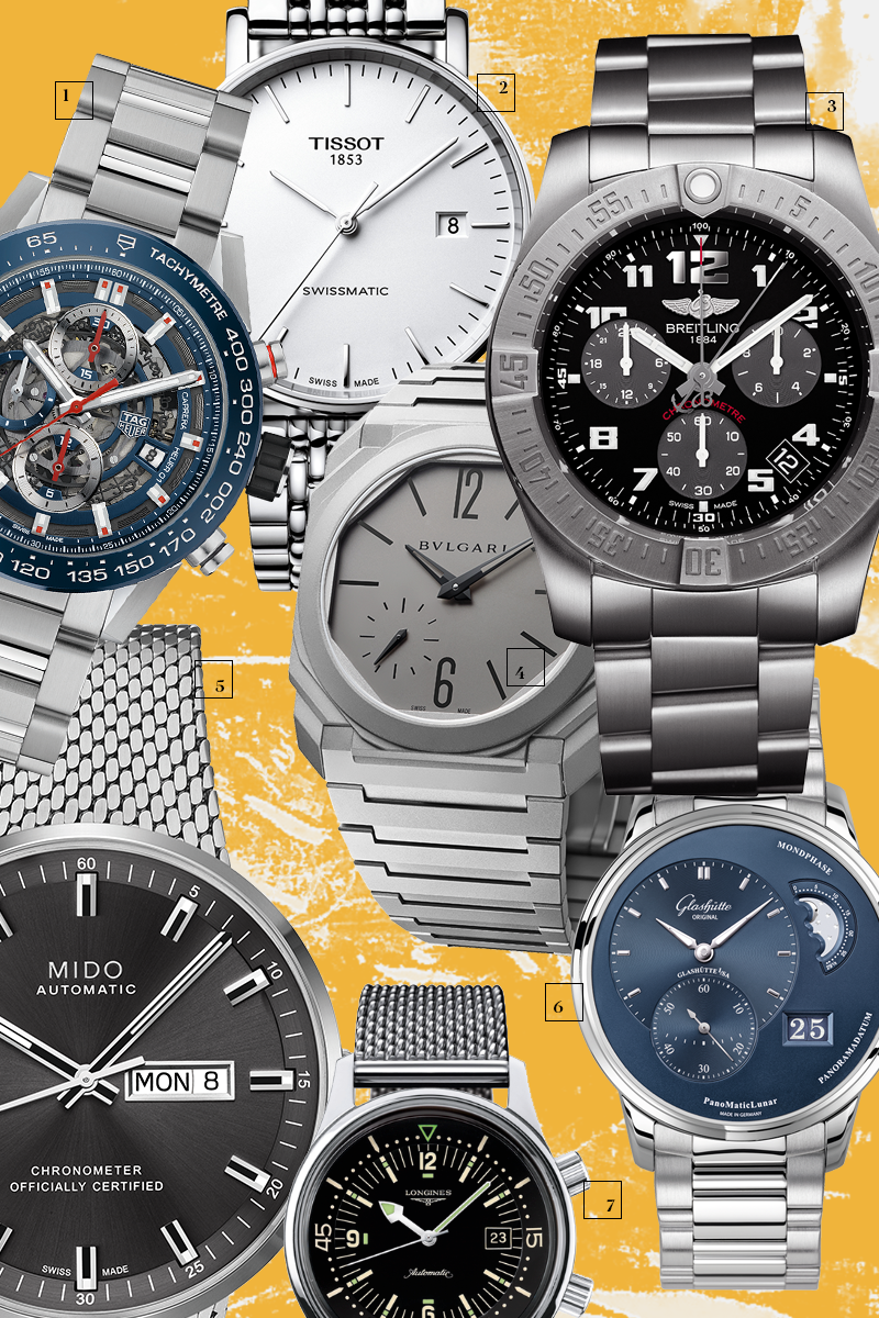 1 | Carrera Heuer-01, TAG Heuer

2 | Swissmatic Steel, Tissot

3 | Chronospace Evo B60, Breitling

4 | Octo Finissimo Automatic, Bulgari

5 | Commander Ic&ocirc;ne, Mido

6 | PanoMatic Lunar, Glash&uuml;tte Original

7 | The Longines Legend Diver Watch, Longines
