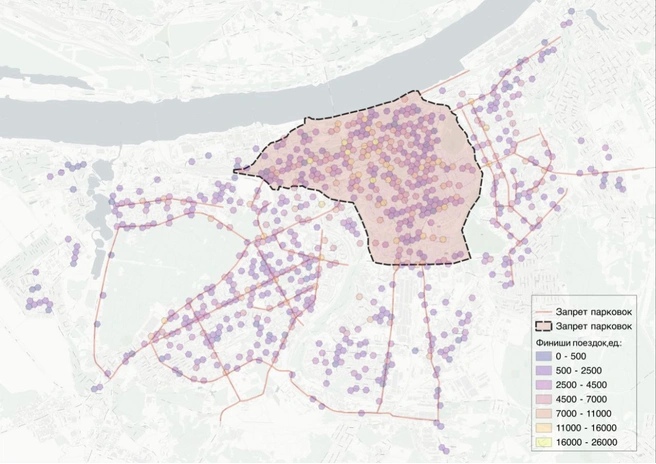 Фото: (Источник: Whoosh) На карте выделены зоны запрета парковок СИМ. А также точки, в которых в 2023 году пермяки заканчивали поездки на самокатах Whoosh  