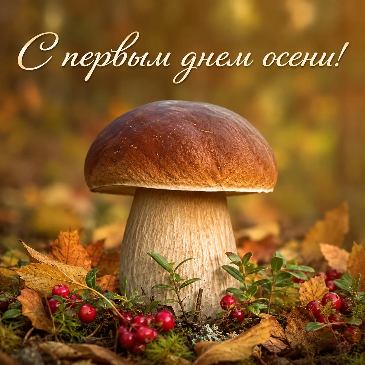 Открытка с первым днем осени с грибом