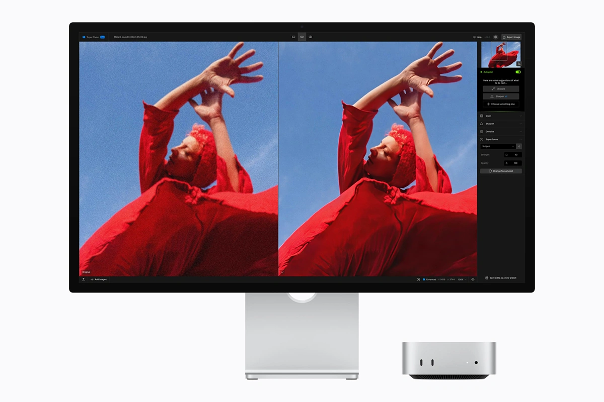 Благодаря процессору M5 Pro Mac mini обеспечивает более высокую скорость масштабирования фотографий с помощью ИИ в Topaz Photo по сравнению с предыдущим поколением