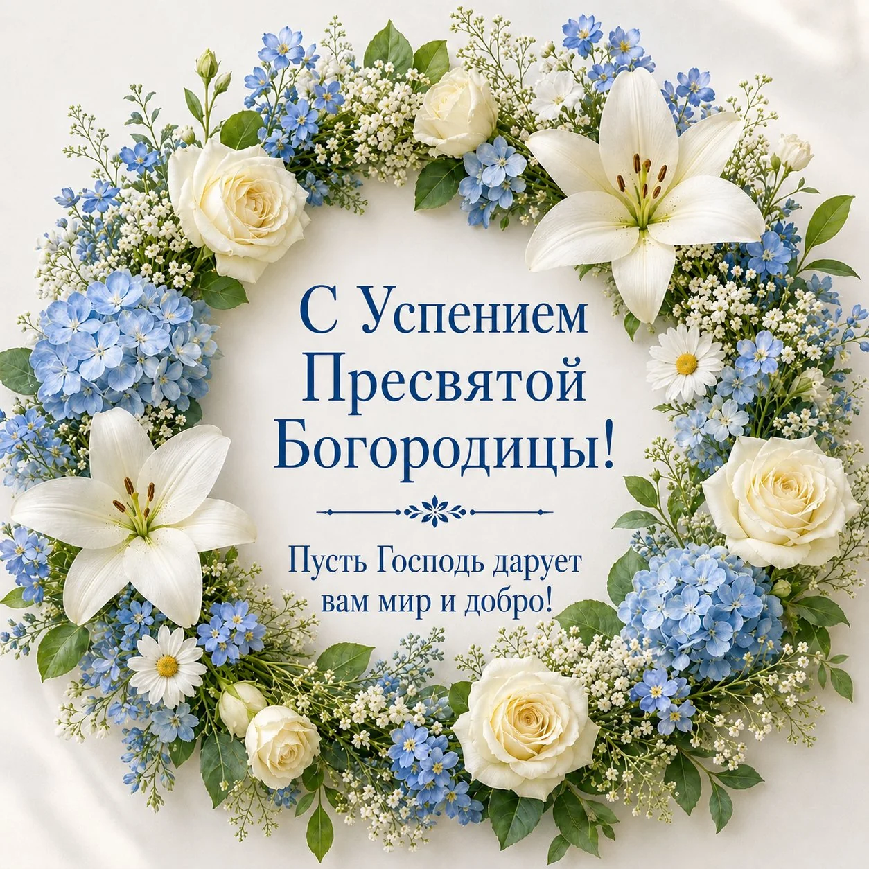 Православная открытка с Успением Пресвятой Богородицы с венком из цветов