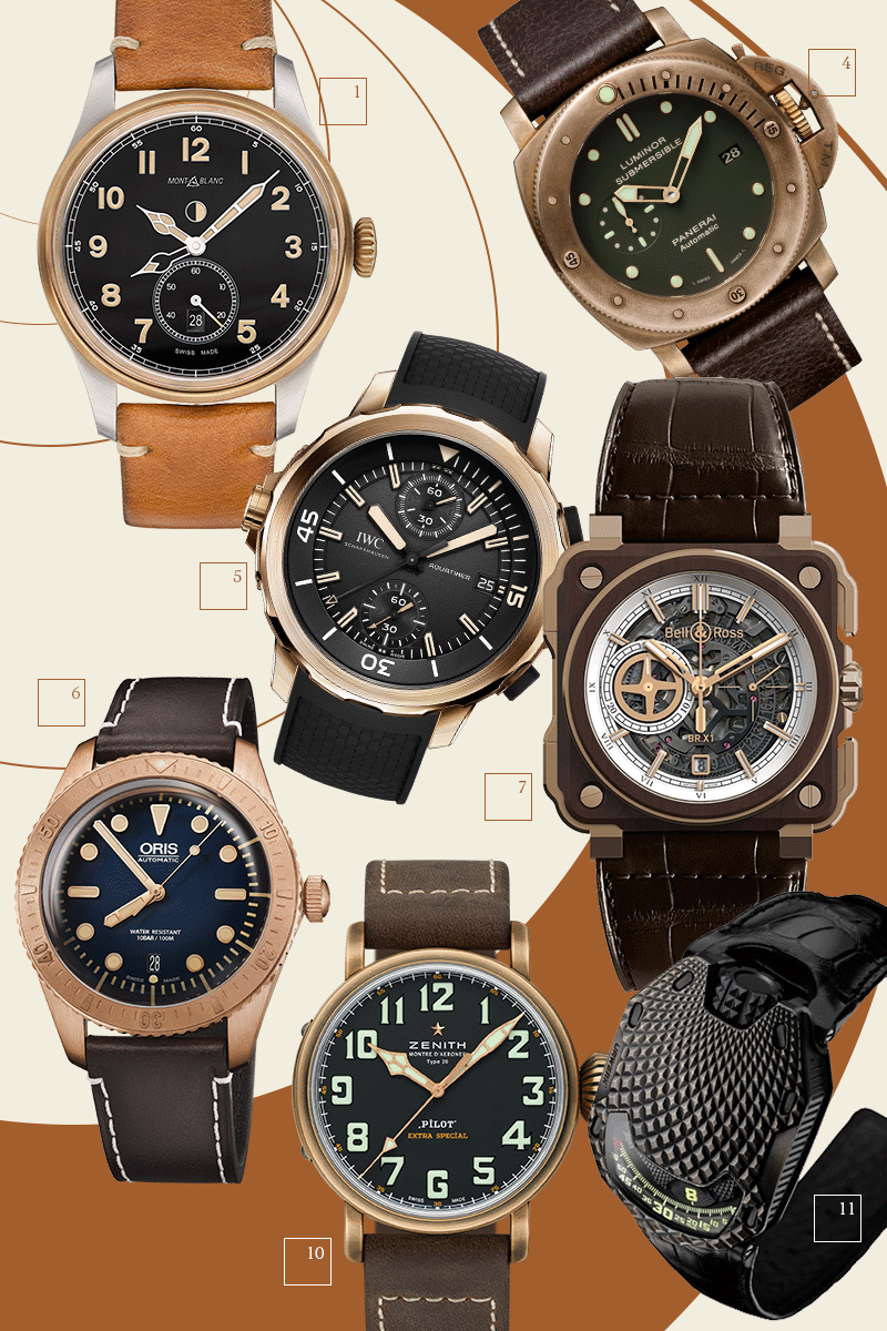 1) Montblanc 1858 Automatic Dual Time, Montblanc

2) Montblanc 1858 Chronometer Tachymeter Limited Edition 100, Montblanc

3) Montblanc 1858 Automatic, Montblanc

4) Luminor Submersible 1950 3 Days Power Reserve Automatic Bronzo, Officine Panerai

5) Aquatimer Chronograph Edition Expedition Charles Darwin, IWC

6) Oris Carl Brashear Limited Edition, Oris

7) BR X1 Skeleton Chronograph, Bell &amp; Ross

8) BR X1 Tourbillon Chronograph, Bell &amp; Ross

9) BR X1 Instrument de Marine, Bell &amp; Ross

10) Pilot Type 20 Extra Special, Zenith
11) UR-105 T-Rex, Urwerk