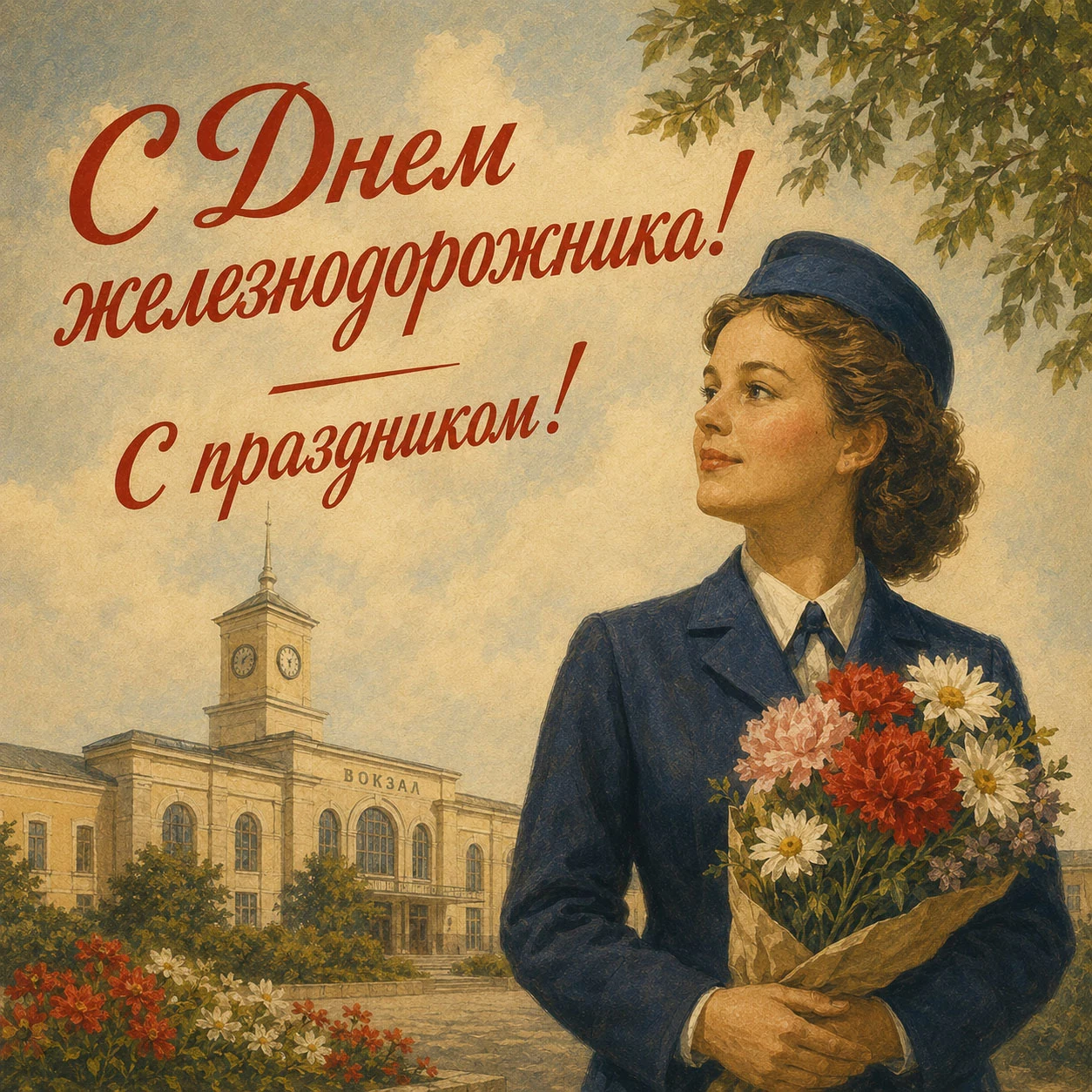 Советская открытка с Днем железнодорожника