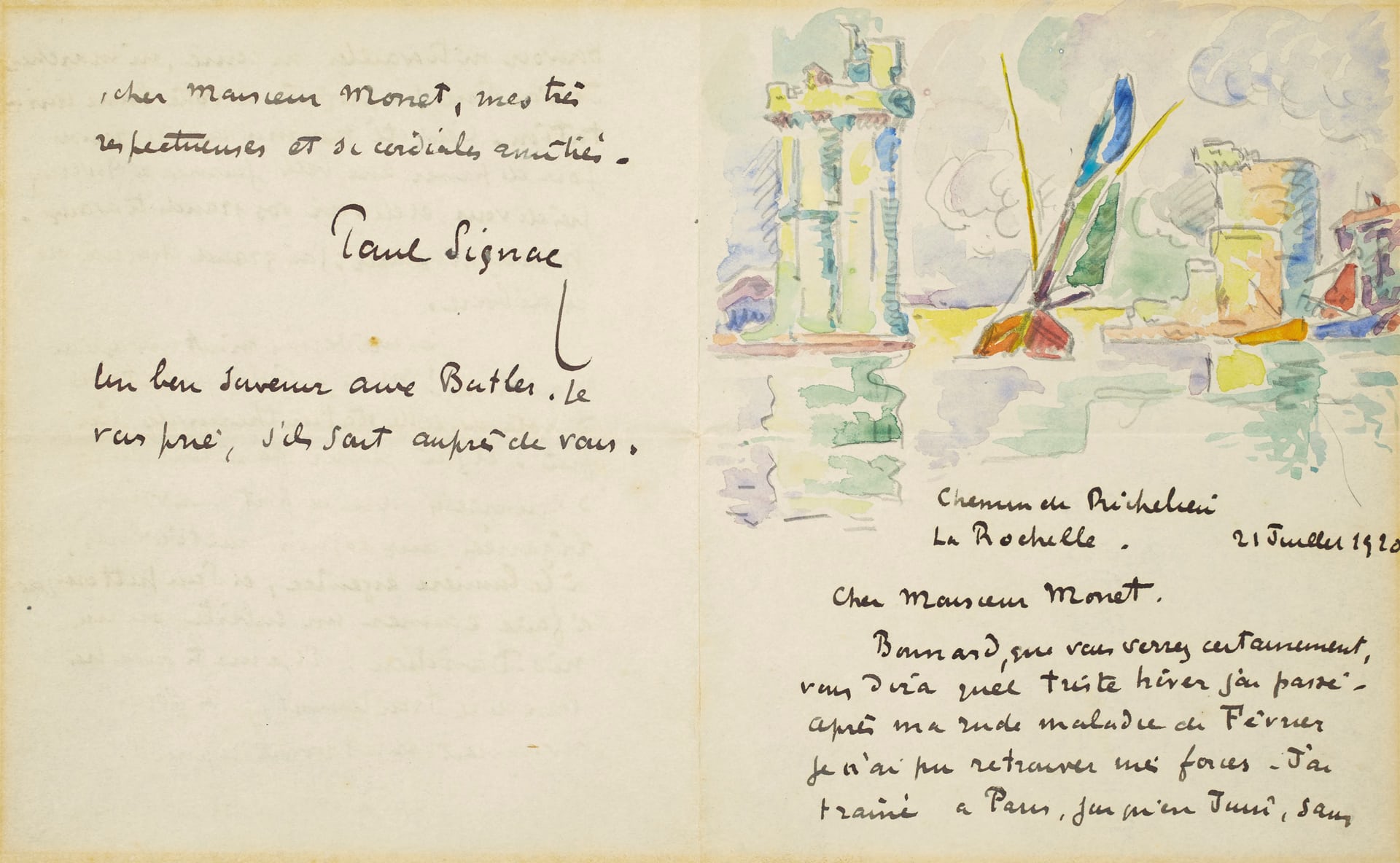 Письмо Поля Синьяка, написанное Клоду Моне в 1920
