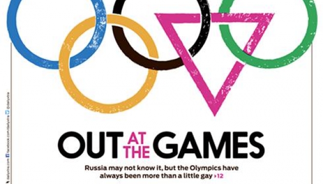 Канадский журнал ЛГБТ-сообщества вышел с обложкой, на которой одно из пяти олимпийских колец заменено равносторонним розовым треугольником — символом сообщества лесбиянок, геев, бисексуалов и трансгендеров, а также движения в защиту их прав. Вынос на обложке гласит "Выход в свет на Олимпиаде" (Out at the Games). "Россия может этого и не знать, но Олимпийские игры всегда были более чем гомосексуальными" (Russia may not know it, but the Olympics have always been more than a little gay) — гласит подзаголовок на обложке, обращаясь и к российским законодателям, принявшим закон, запрещающий «пропаганду нетрадиционных сексуальных отношений» среди несовершеннолетних, и к российским чиновникам, вроде мэра Сочи Анатолия Пахомова, заверившего читателей британского Би-би-си в том, что в столице Зимних игр-2014 людей с нетрадиционной сексуальной ориентацией нет.