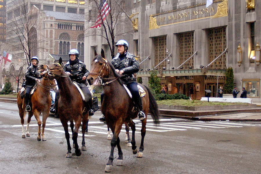 Патруль конных полицейских перед зданием отеля "Астория", где проводилось заседание форума 