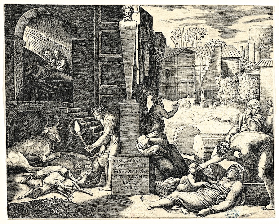 Сцена чумы справа, человек слева, держащий факел, освещающий часть сцены слева, больные люди справа. Маркантонио Раймонди, гравюра, ок. 1515&ndash;16 года
