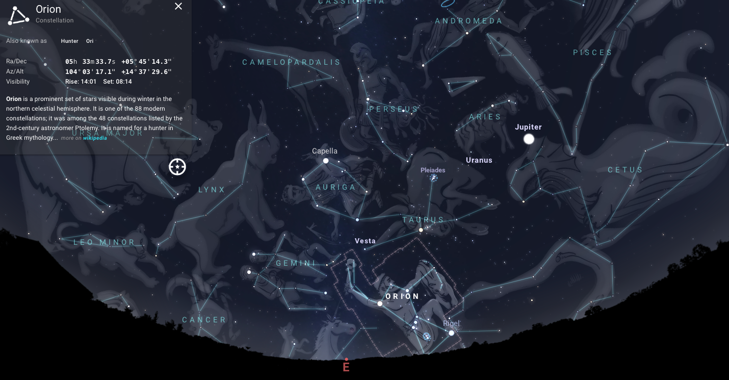 Схема расположения созвездия Орион и его соседей на звездном небе
