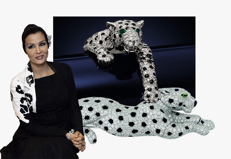 Шейха Моза в платье Dior Couture, 2010 г. | Браслет и брошь Panther, Cartier