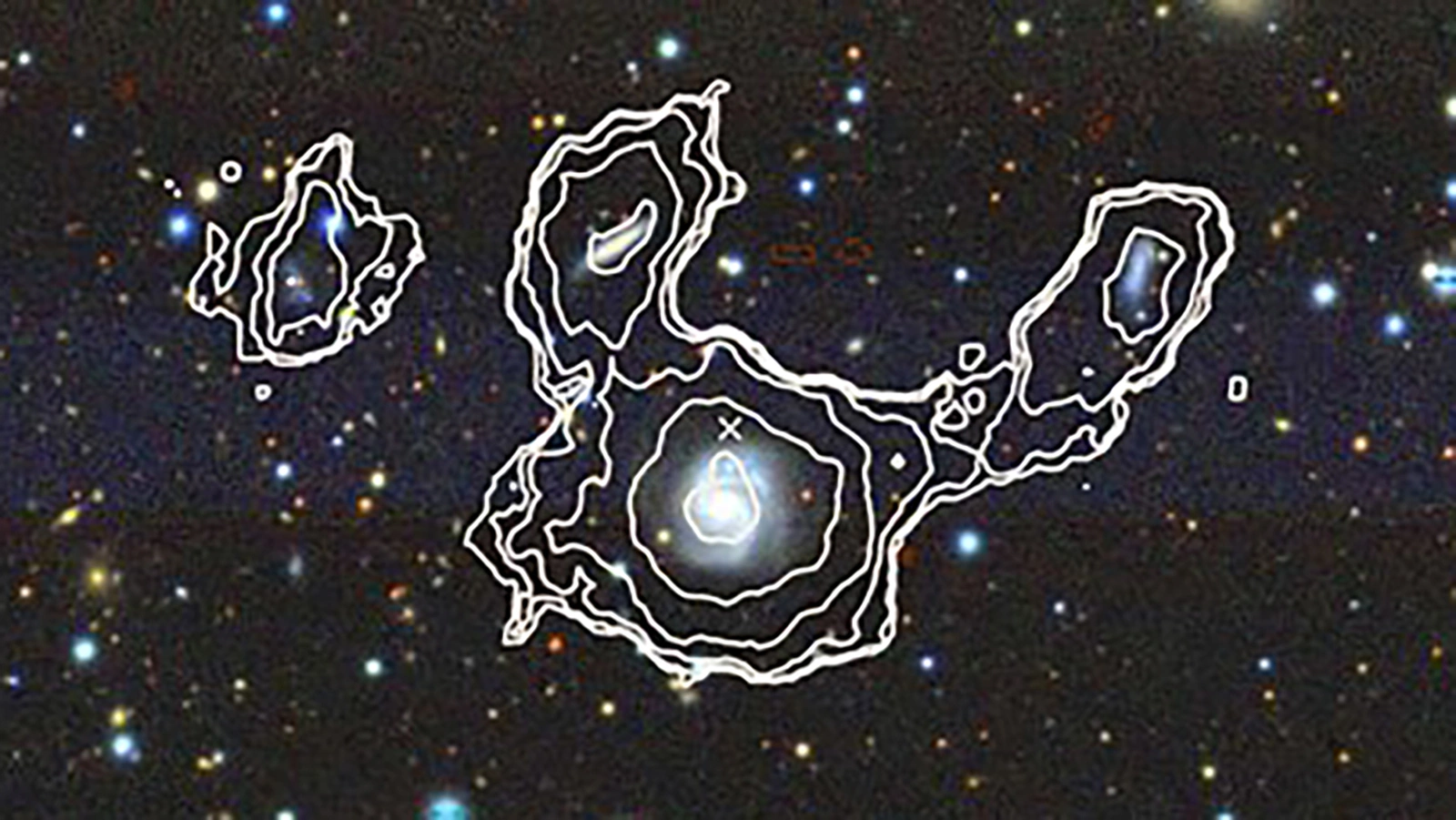 <p>Белыми линиями на изображении отмечены четыре&nbsp;из 49 новых галактик, обнаруженных с помощью телескопа MeerKAT</p>