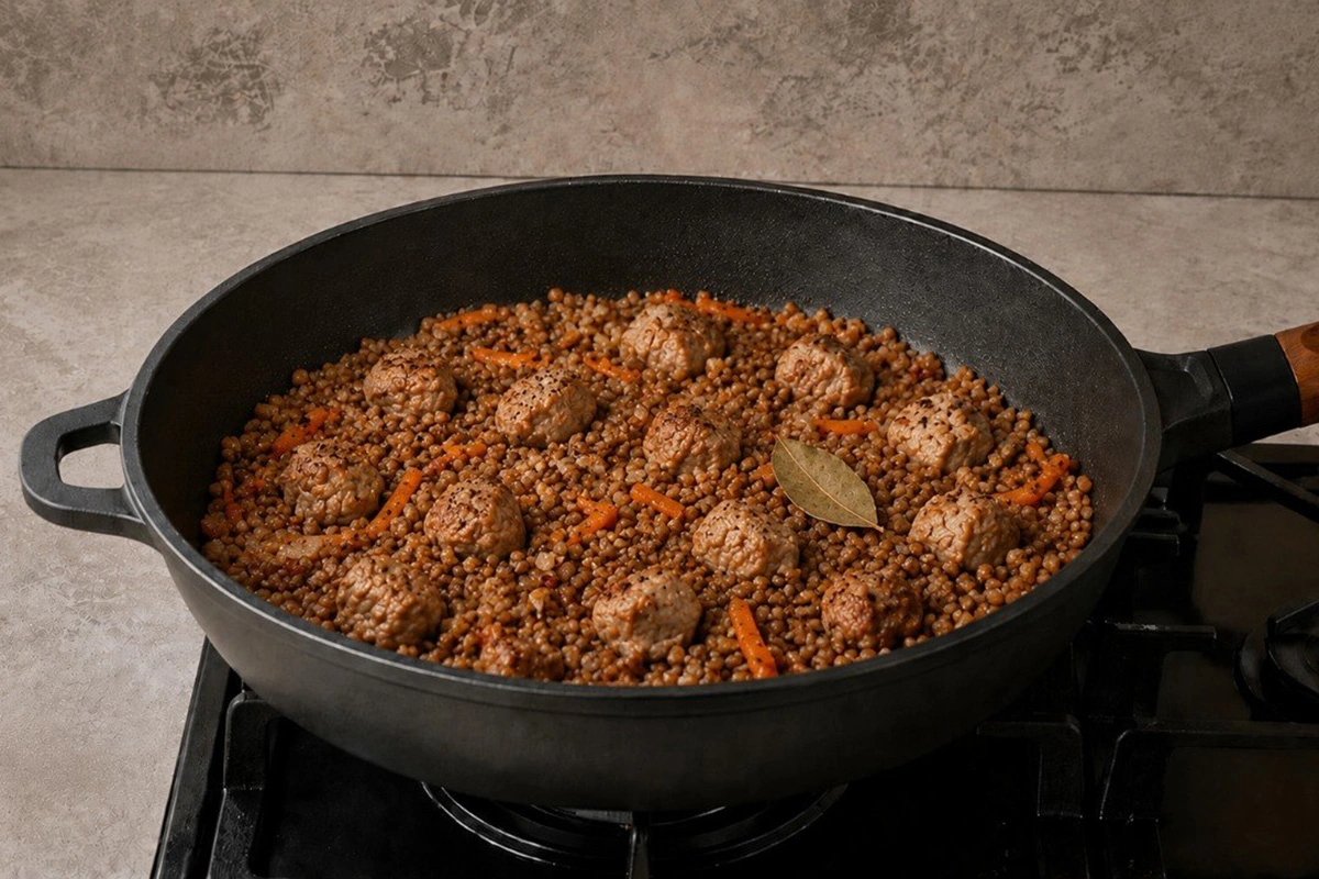 Перемешайте гречку с мясом и овощами