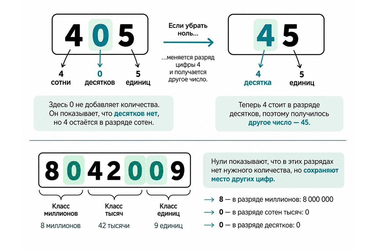 Ноль не добавляет значения, но сохраняет место других цифр в числе