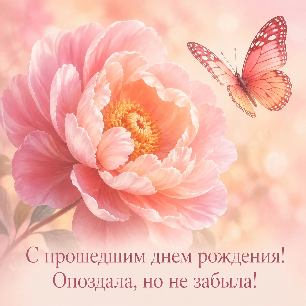 Открытка с прошедшим днем рождения с надписью «Опоздала, но не забыла!»