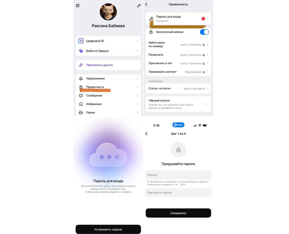 Процесс установки пароля