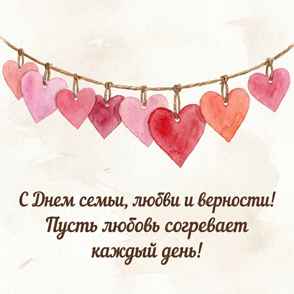 Нежная акварельная открытка с гирляндой из бумажных сердечек и надписью «С Днем семьи, любви и верности! Пусть любовь согревает каждый день!»