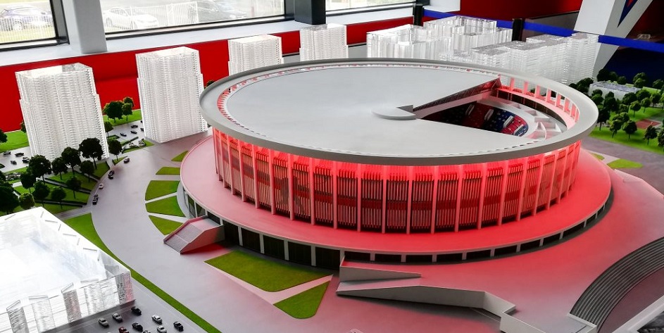 Макет новой хоккейной арены, которая будет построена в Санкт-Петербурге к чемпионату мира 2023 года