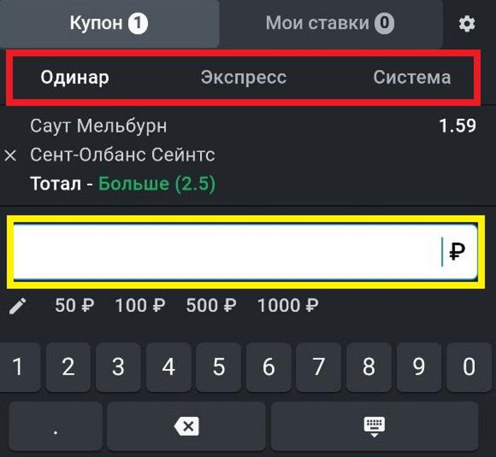 Красным цветом выделены доступные типы ставок, желтым – поле для ввода суммы