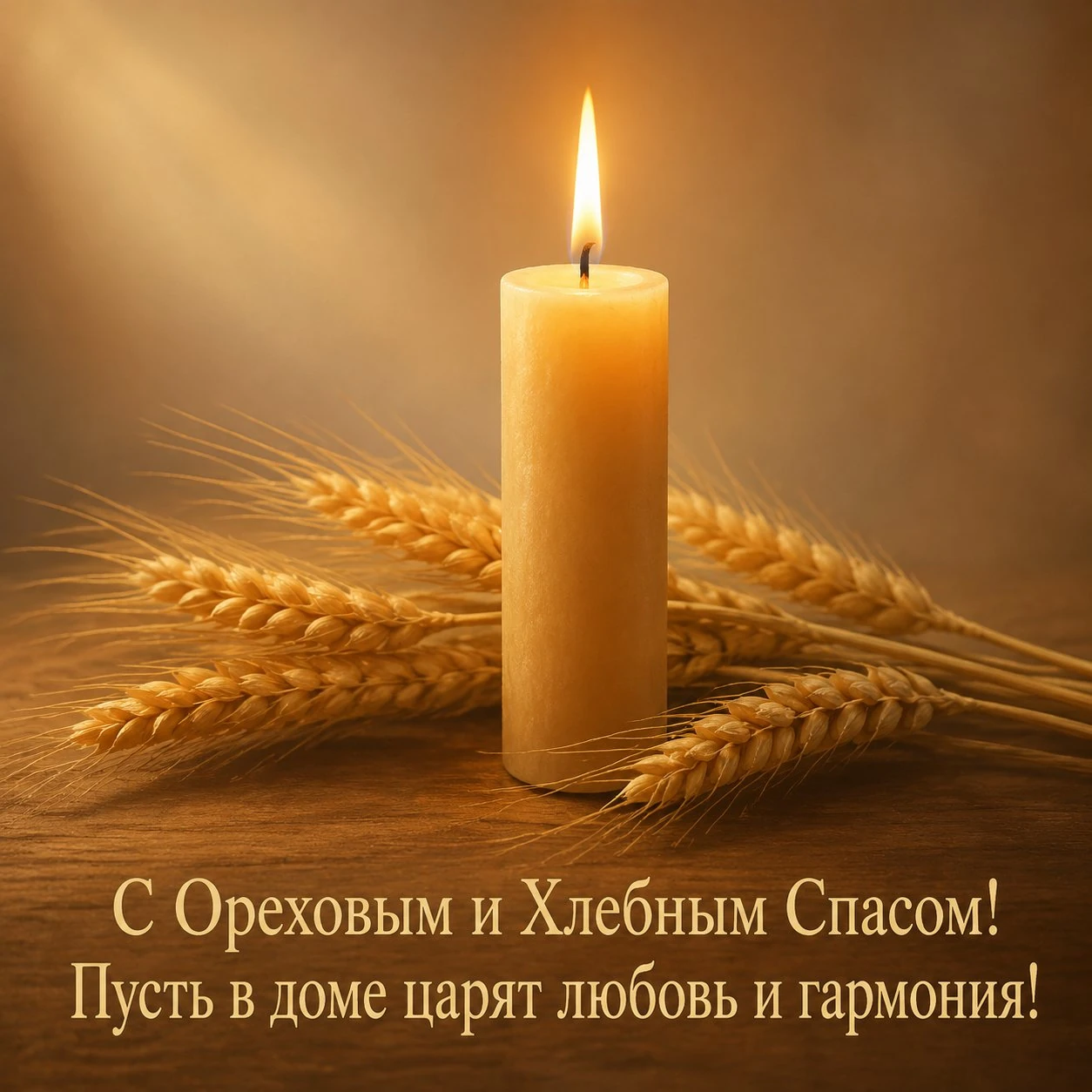 Открытка с Ореховым и Хлебным Спасом со свечой и пшеничными колосьями