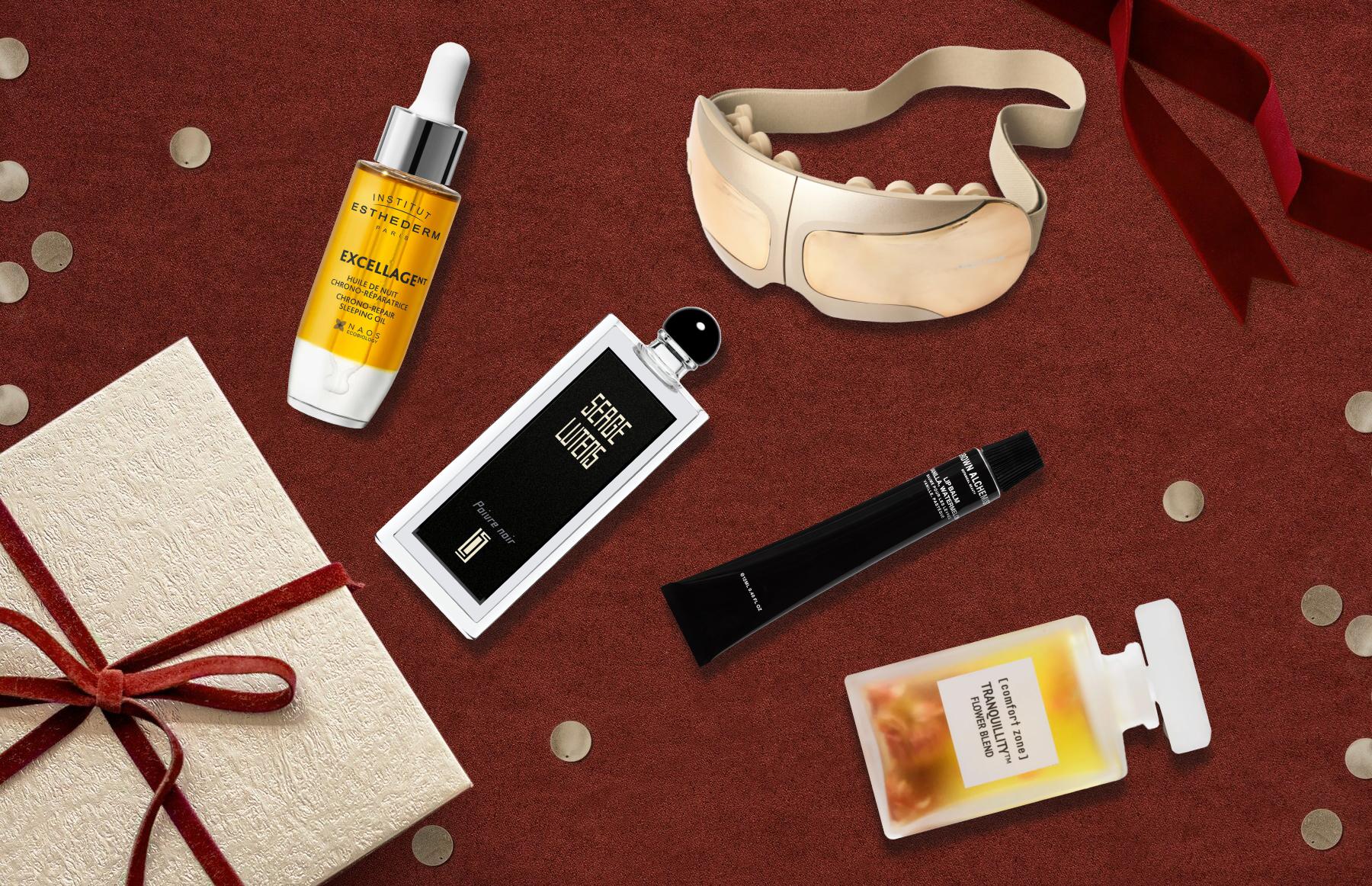 Слева направо: восстанавливающее ночное масло Excellage NT, Institut Esthederm, 12&nbsp;270 руб. (naos.ru); парфюмерная вода Poivre Noir, Serge Lutens, 27&nbsp;850 руб. (ЦУМ); очки-массажер для глаз с нагревом и музыкой ISee410 3D Relax, Gezatone, 11&nbsp;500 руб. (&laquo;Стокманн&raquo;); бальзам для губ &laquo;Ваниль и арбуз&raquo;, Grown Alchimist, 1875 руб. (grownalchemist.ru); смесь аромамасел &laquo;Цветок амаранта&raquo;, Tranquillity, лимитированный выпуск, Comfort zone, 10&nbsp;000 руб. (comfortzoneskin.ru)