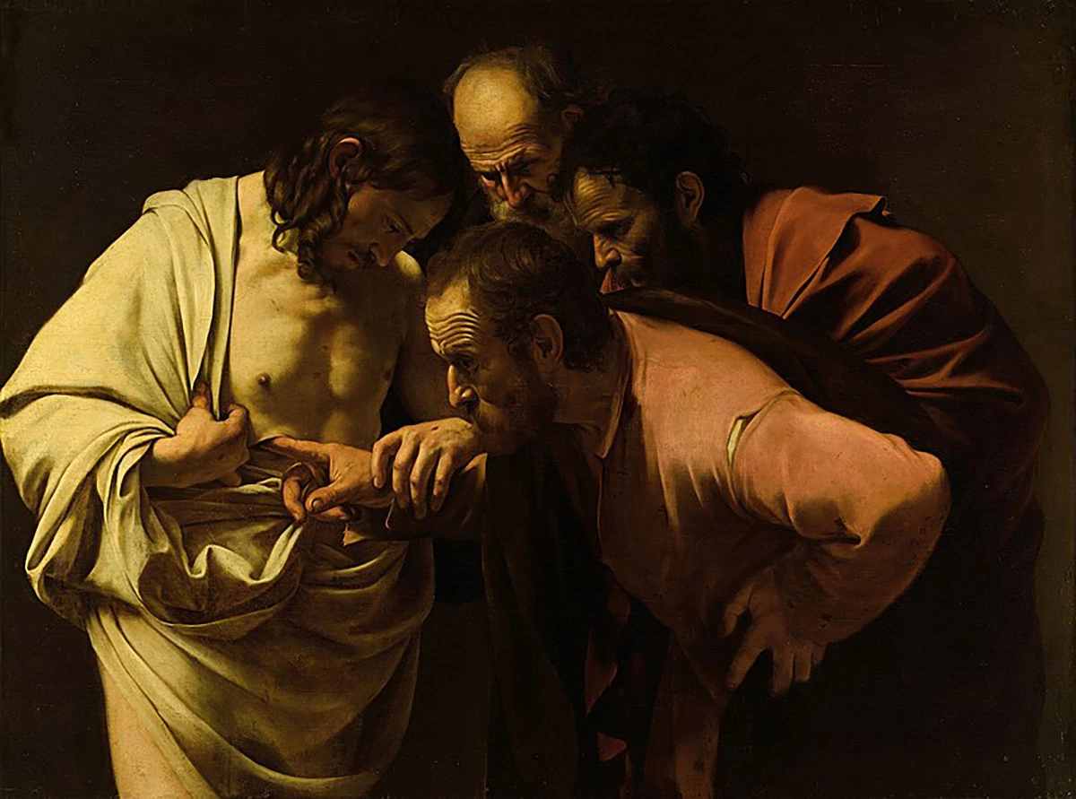 <p>Момент, когда апостол Фома прикасается к ранам Иисуса Христа, часто изображают на картинах и в живописи. Картина Караваджо &laquo;Уверение Фомы&raquo;</p>