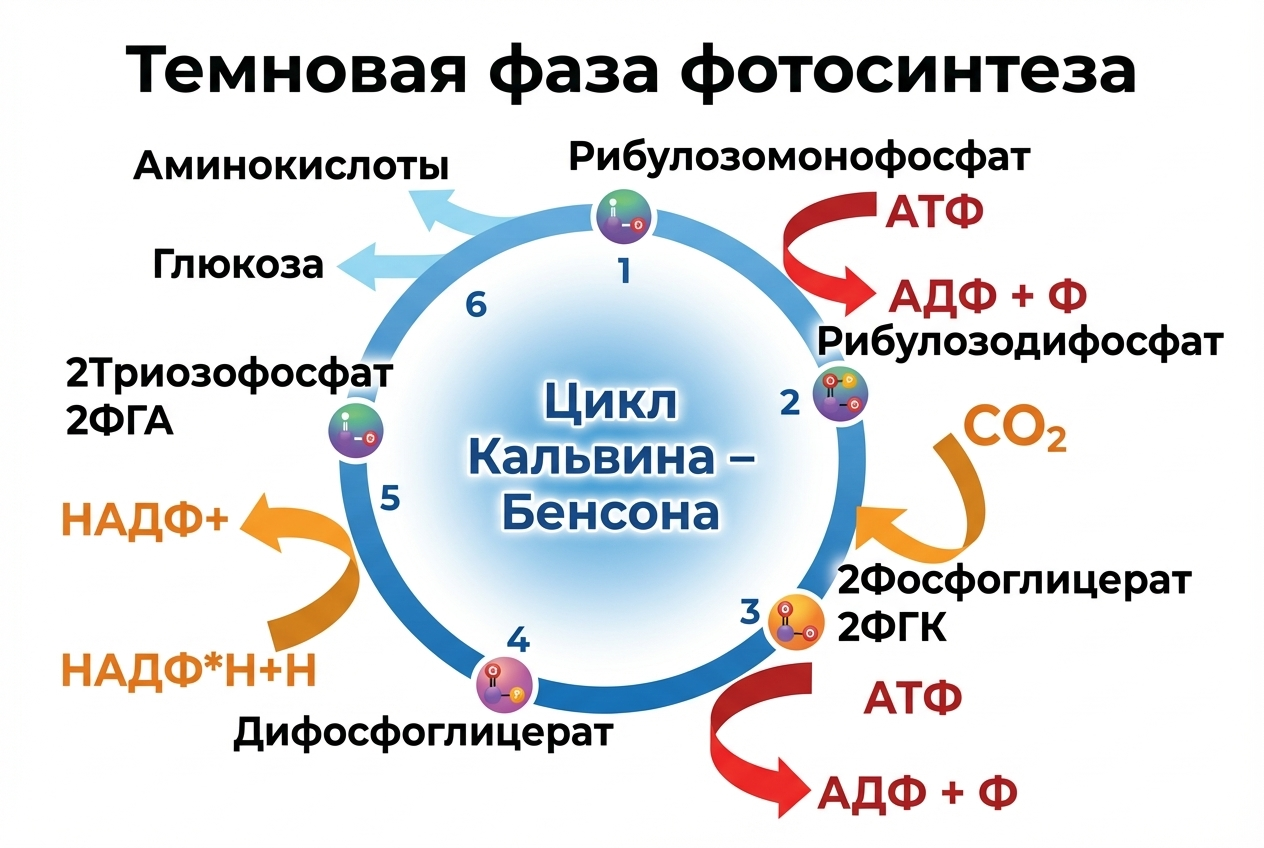 Темновая фаза проходит цикл Кальвина, в результате которого выделяется глюкоза